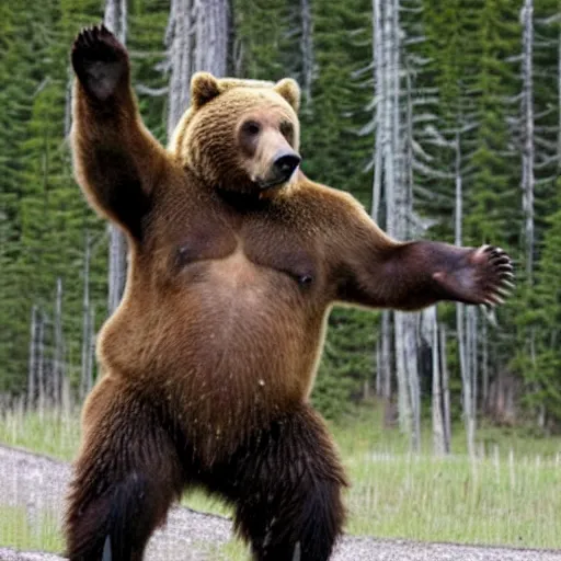 Prompt: a ferocious grizzly bear. The bear is wearing shorts on his legs!