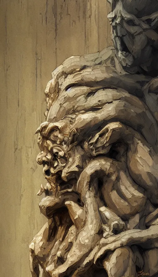 Image similar to wooden gargoyle profiles, paint texture, digital painting, highly detailed, artstation, sharp focus, sunlit, painted by ruan jia, raymond swanland, lawrence alma tadema, zdzislaw beksinski, norman rockwell, jack kirby, tom lovell, alex malveda, greg staples