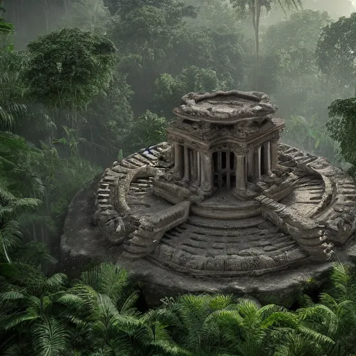 Image similar to The Lost Temple: An ancient temple that has been lost in the jungle for centuries. It's said to be guarded by a vicious tribe of savages. octane render, 8k