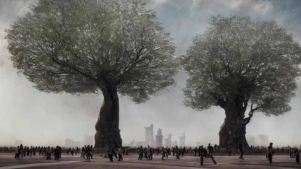 Prompt: the great elven tree growing in the middle of tiananmen square, beijing. andreas achenbach, artgerm, mikko lagerstedt, zack snyder, tokujin yoshioka