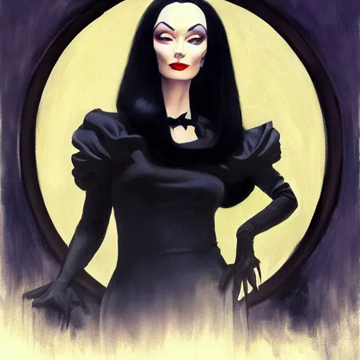 Image similar to greg manchess portrait painting of morticia from addams family as overwatch character, medium shot, asymmetrical, profile picture, organic painting, sunny day, matte painting, bold shapes, hard edges, street art, trending on artstation, by huang guangjian and gil elvgren and brom