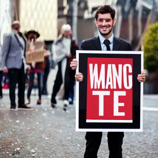 Prompt: a man wearing suite holding sign in his hands