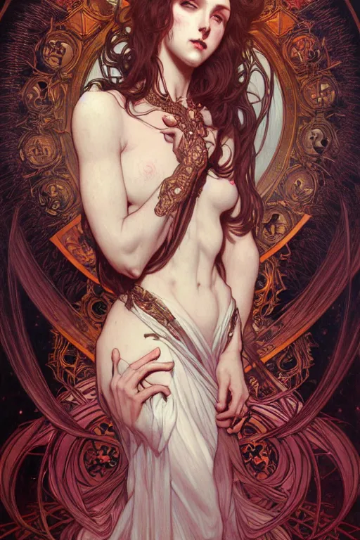 Image similar to witcraft, the occult, horrific, dark fantasy, intricate, elegant, highly detailed, digital painting, artstation, concept art, matte, sharp focus, illustration, art by artgerm and alphonse mucha