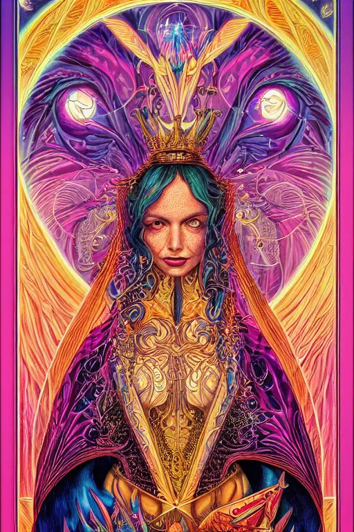Prompt: beautiful tarot card of the queen of dreams by dan mumford and carol bak and alex grey, oil on canvas, intricate, symmetrical, portrait, 8k highly professionally detailed, HDR, CGsociety