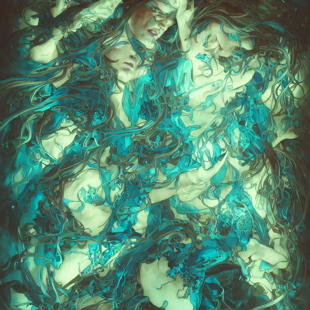 Image similar to rich blue and green and aqua and teal fungus monsters by artgerm and beksinki, red veins by alphonse mucha, intense lighting, light beams, lens flare, intricate, elegant, nightmare, highly detailed, digital painting, artstation, concept art, smooth, sharp focus, illustration