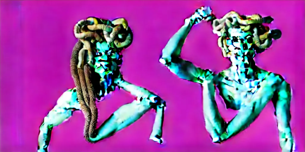 Image similar to modern sculpture, young woman as medusa, multiple poses, androgynous, vaporwave, distorted vhs still