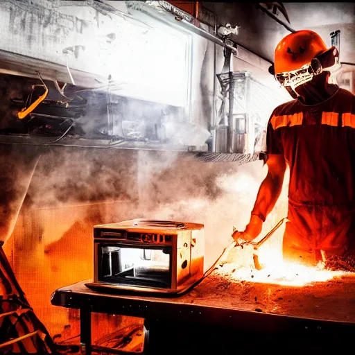 Image similar to cyborg toaster oven repairman, dark messy smoke - filled cluttered workshop, dark, dramatic lighting, orange tint, sparks, plasma rays, cinematic, highly detailed, sci - fi, futuristic, movie still, rule of thirds composition