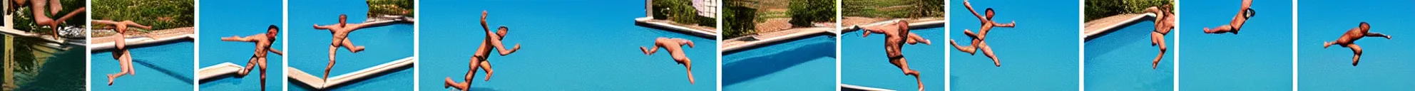 Image similar to 8 consistent frames from a video of a man jumping into a pool