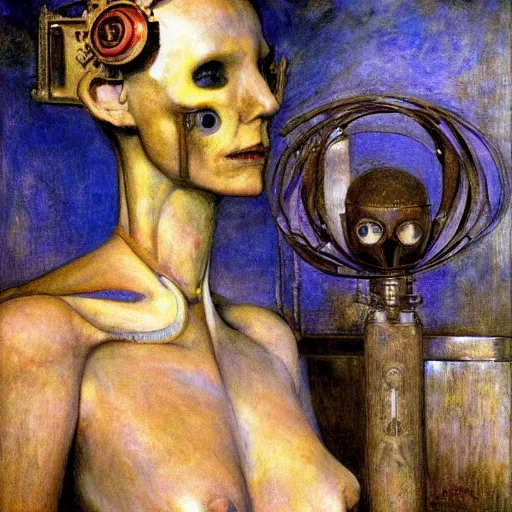 Prompt: the robot wearing her bone crown, by Annie Swynnerton and Diego Rivera , symbolist, dramatic lighting, elaborate geometric ornament, Art Brut, god rays, soft cool colors,smooth, sharp focus, extremely detailed, Adolf Wölfli and (Donato Giancola)