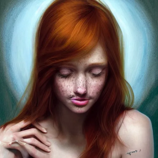 Image similar to a highly detailed, hyper realistic, red haired young woman, among golden fireflies, with long hair, green eyes, hint of freckles, round gentle face, toned abdomen, cheeky smile, deep focus, elegant, digital painting, smooth, sharp focus, golden ratio, illustration, ultra realistic, 8 k, art by artgerm and caravaggio