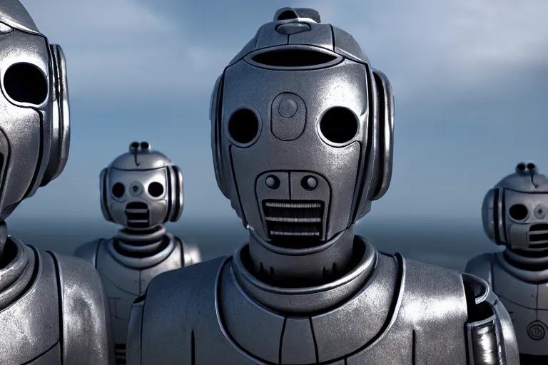 Image similar to cybermen invasion, photorealistic, unreal engine, mild depth of field, cinematic lighting, 8 k