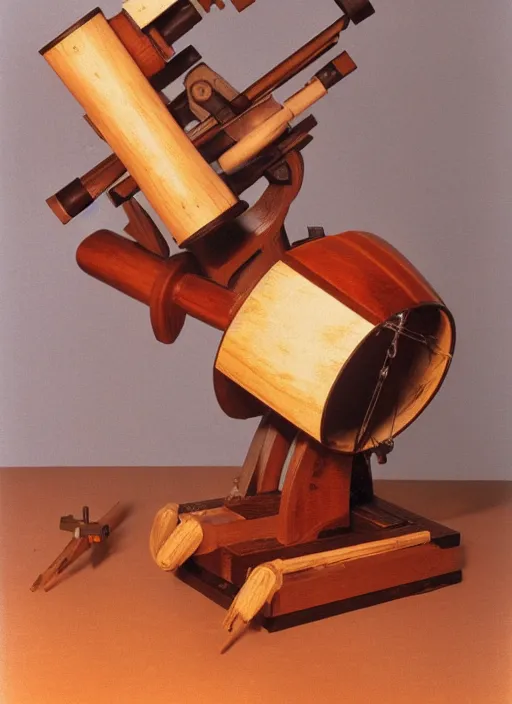 Image similar to realistic photo of a a wooden astronomy archeology chemistry scientific appliance model equipment gadget made of wooden constructor 1 9 9 0, life magazine reportage photo, natural colors, metropolitan museum collection