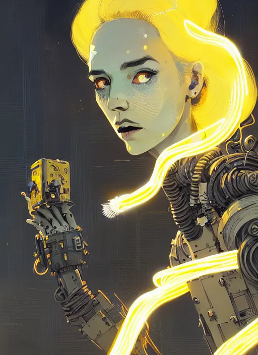 Prompt: highly detailed closeup portrait of wasteland long glowing yellow and white plasma hair tribal lady, stray electric spark wiring by atey ghailan, james gilleard, by joe fenton, by greg rutkowski, by greg tocchini, by kaethe butcher, 4 k resolution, gradient yellow, black and white color scheme!!! ( ( lightning robotic city background ) )