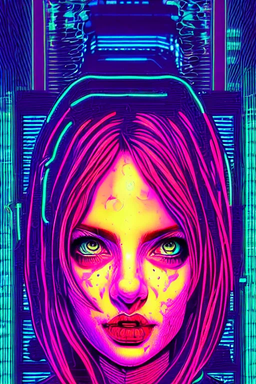 Image similar to dreamy cyberpunk girl portrait, neon wall on background, detailed acrylic, grunge, intricate complexity, by dan mumford and by jonathan solter