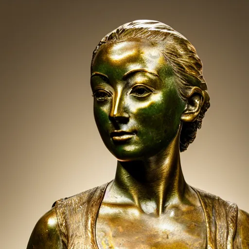 Image similar to detailed photo of an old bronze patina statue of a woman bust, intricate detail, museum lighting