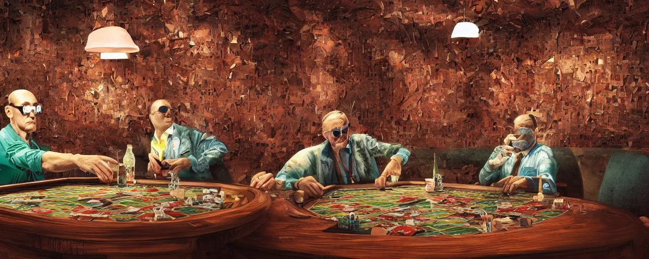 Image similar to hunter s thompson sitting at a 1 9 6 0's poker table in a melting casino with dripping woodtextured walls, by igor morski, by josip csoor, by laurie lipton, rendered in lumion, 8 k resolution, psychedelic lighting, shrooms, muted color scheme, lsd, trending on artstation