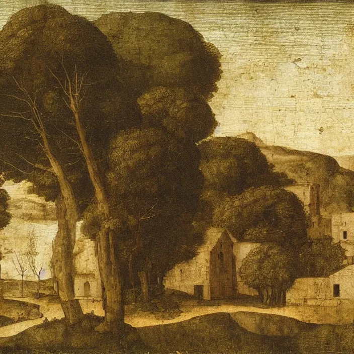 Prompt: a building in a serene landscape, by leonardo da vinci