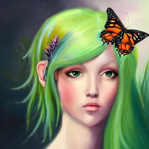 Prompt: A professionaly painted portrait of an archfey with a monarch butterfly theme, green hair that looks like heather, painted by caravaggio, 4k, trending on deviantart, tasteful, bokeh, hyperrealistic, highly detailed, good proportions