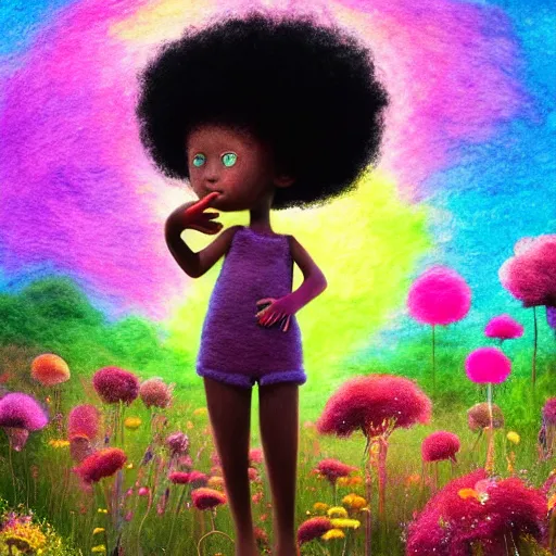 Image similar to a black girl with big cute! eyes and a colorful afro chasing fireflies through a field of flowers at sunset, bright colors, synthwave, watercolor, volumetric wool felting, felt, macro photography, children illustration, global illumination, radiant light, detailed and intricate environment, by goro fujita, bokeh!!!!