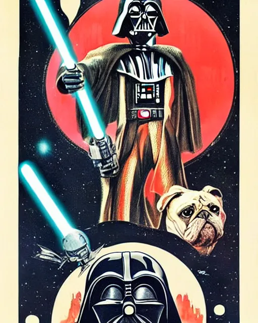 Image similar to vintage star wars movie poster by tom jung, with pugs droids and a darth vader helmet that looks like a pug face