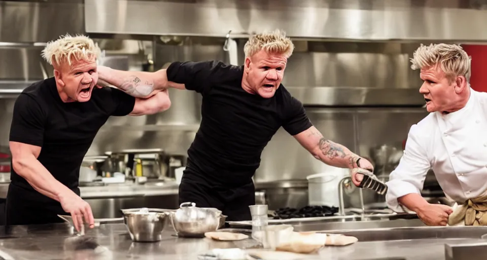 Image similar to photo of angry furious Gordon Ramsay punching Gordon Ramsay at the kitchen