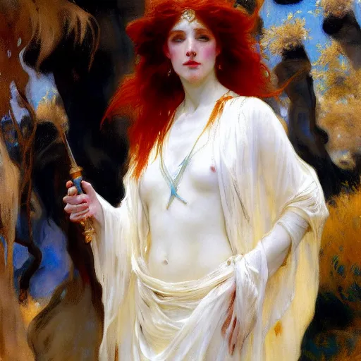 Prompt: redheaded prophetess, fully clothed in white chiton, by john singer sargent and gaston bussiere and james jean and grzegorz rutkowski