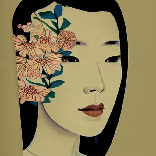 Image similar to “ jessica biel portrait by ikenaga yasunari and ayana otake and ko rakusui, 6 0 s poster, drawing, realistic, sharp focus, japanese, dreamy, nostalgia, faded, golden hues, floral clothes, porcelain skin ”