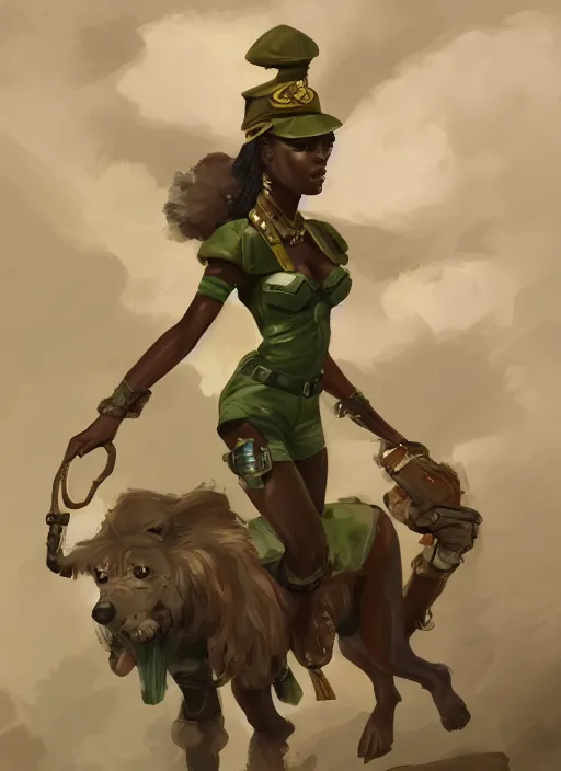 Image similar to a highly detailed illustration of cute african girl wearing military uniform and green officer cap riding on giant dog!!!, dramatic standing pose, perfect face, intricate, elegant, highly detailed, centered, digital painting, artstation, concept art, smooth, sharp focus, league of legends concept art, wlop