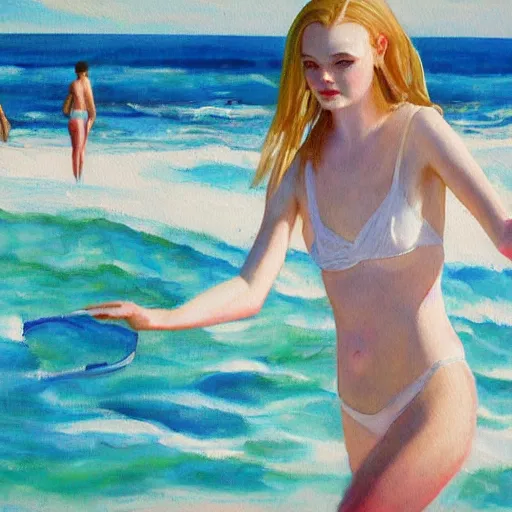 Prompt: painting of Elle Fanning in the ocean, white sandy beach, by cubo-futurism