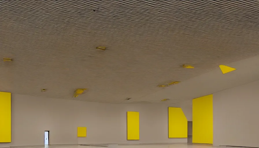 Image similar to 60s movie still of a sovietic stalinist style empty art museum with a soviet congress with yellow wall, canon 5d, liminal Space style