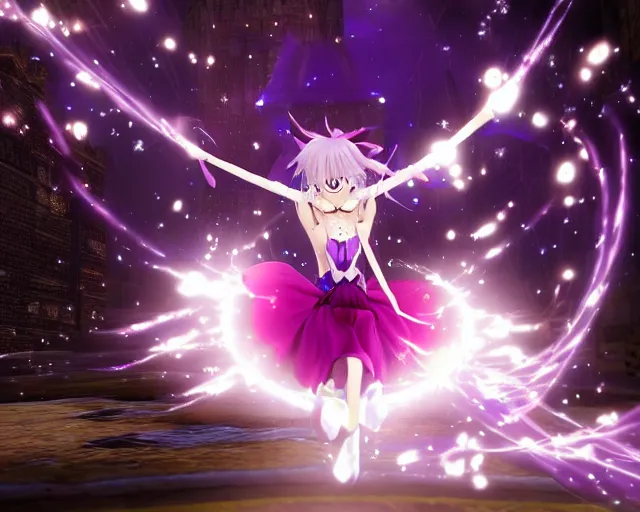 Prompt: a sparkling image of a ps2 magical anime witch from madoka magicka. the witch is psychic. she is flying on a broom through new york. people are running for their lives. terrorist attack.