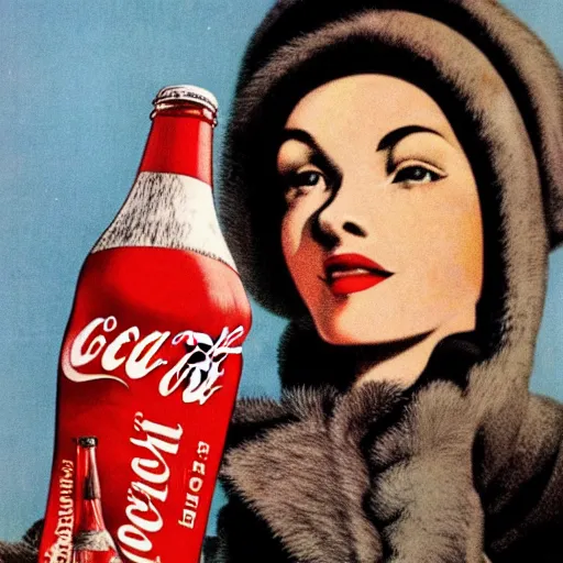 Image similar to a beautifully detailed image of a woman in a parka drinking a bottle of coke, constructivist, russian, soviet advertisement, 1 9 6 0's