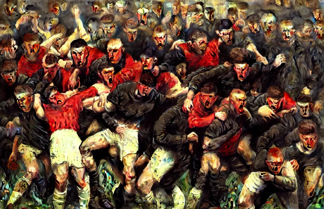 Image similar to english football hooligans!!!!!!!!!!!!!!!!!!!!!!!!!!!, detailed face, detailed painting, epic lighting, by ilya repin, phil hale and kent williams