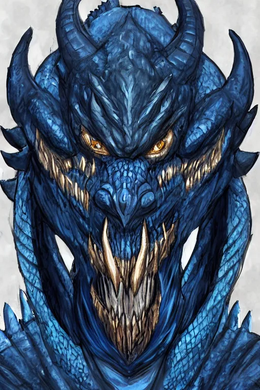 Prompt: a D&D character of a dark blue dragonborn with large tusks, half a face flaming with blue flame, he wears a black dragon scales armor, D&D concept art