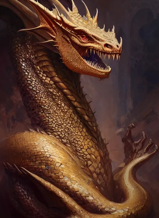 Image similar to portrait of an european dragon, d & d, epic, grand, monstrous, fantasy, intricate, elegant, highly detailed, digital painting, artstation, concept art, smooth, sharp focus, illustration, art by artgerm and greg rutkowski and alphonse mucha