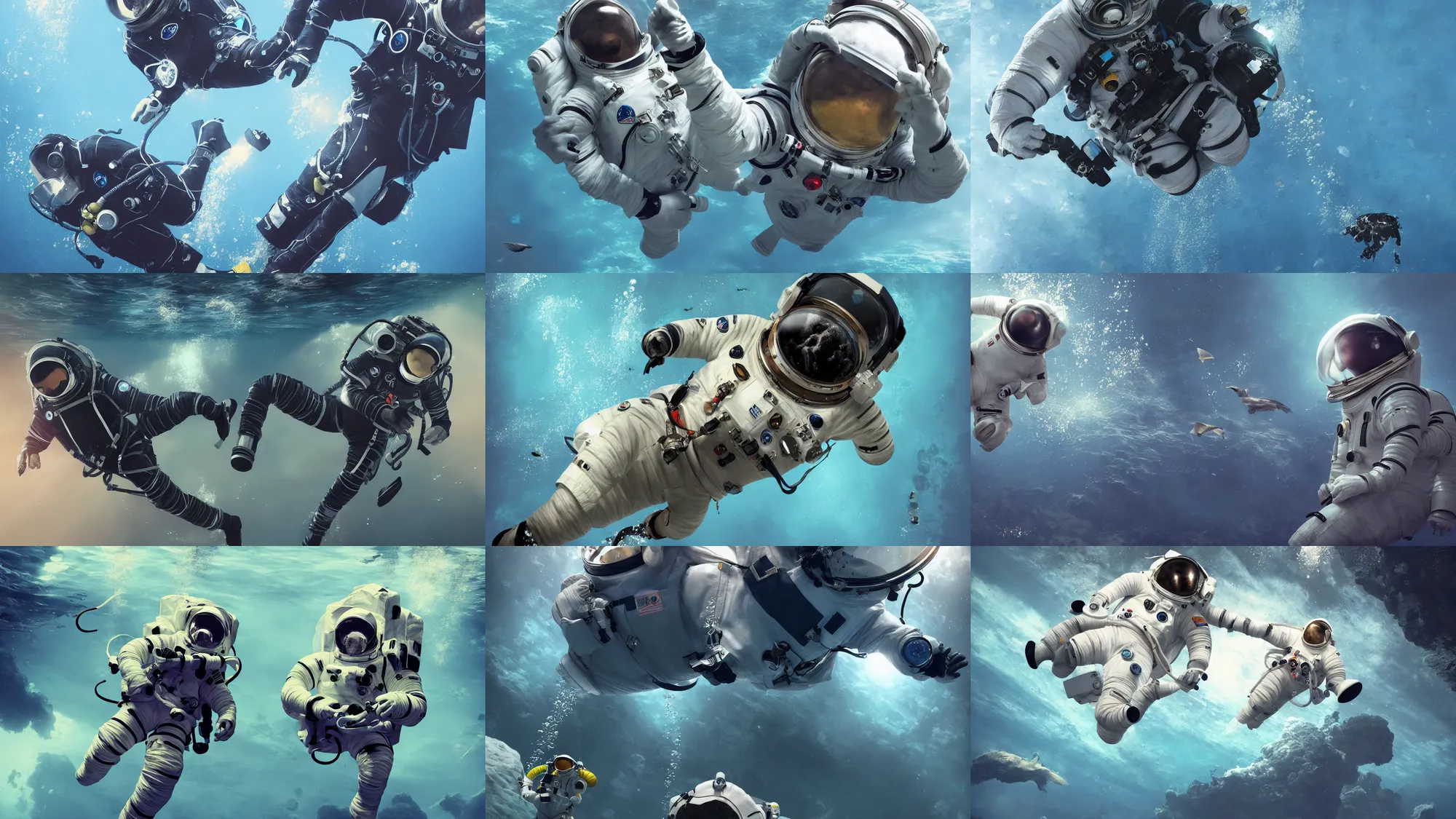 Prompt: astronaut suit, diving underwater, deep sea, birds, cinematic, hyper-realistic, high resolution, concept art, artstation