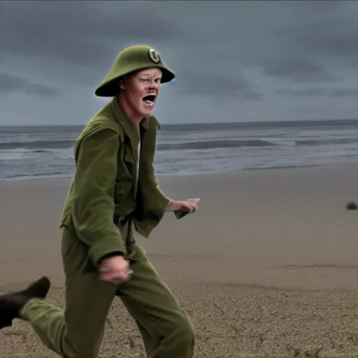 Image similar to photo realistic image of Matthew Lillard as shaggy from scooby doo, storming the beaches of Normandy in 1944, HD, high detail, photorealistic, Hollywood cinematic, Christopher Nolan