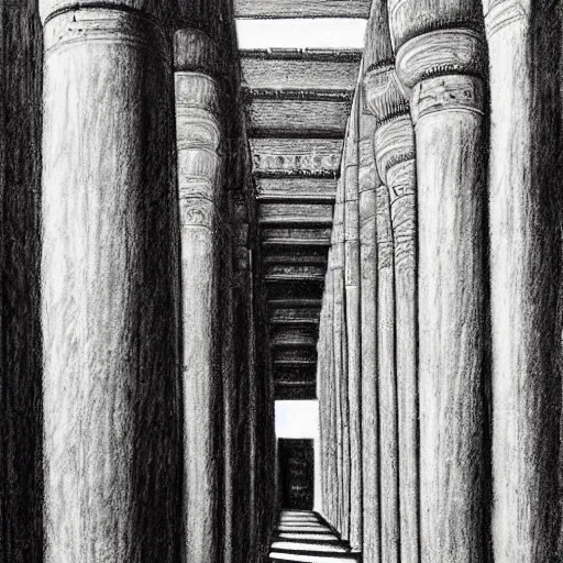 Image similar to The Great Hypostyle Hall of Karnak. detailed charcoal sketch.