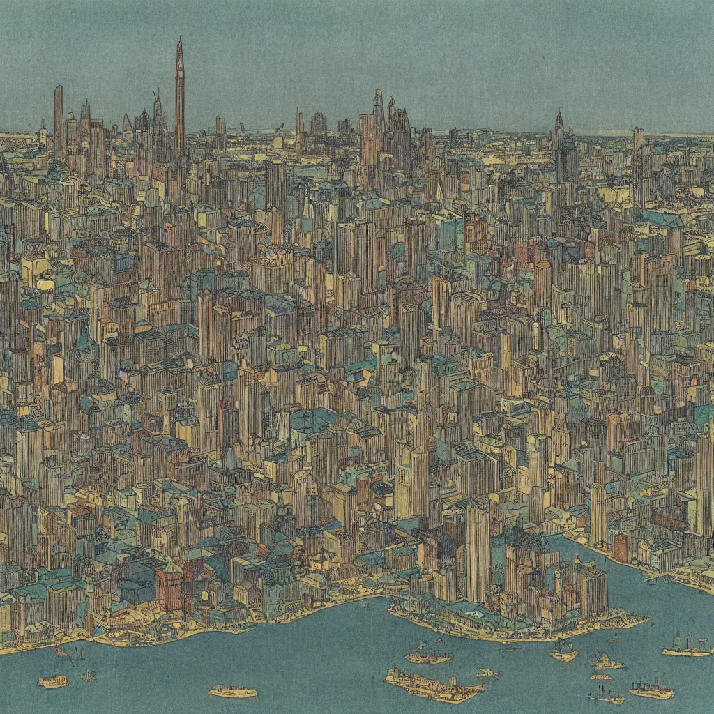 Prompt: highly detailed illustration of the milwaukee skyline, by edmund dulac and android jones, scans from museum collection