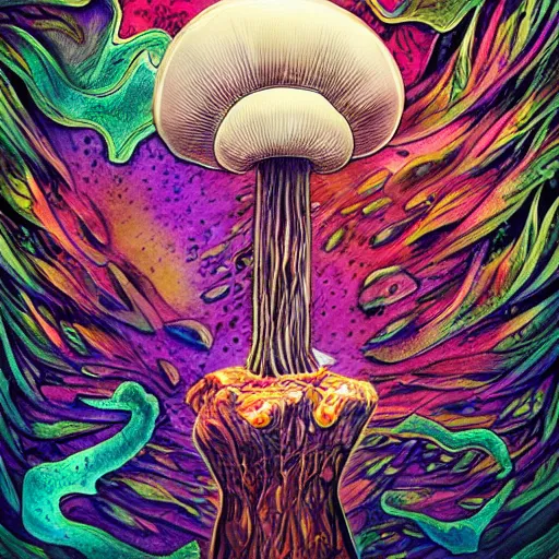 Prompt: trippy angry mushroom eat a meat, acrilic paint, digital, artstation, detailed intricate ink illustration, heavenly atmosphere, digital art, overdetailed art, concept art, complementing colors, trending on artstation, cgstudio, the most beautiful image ever created, dramatic, subtle, details, award winning artwork, beautiful scenery