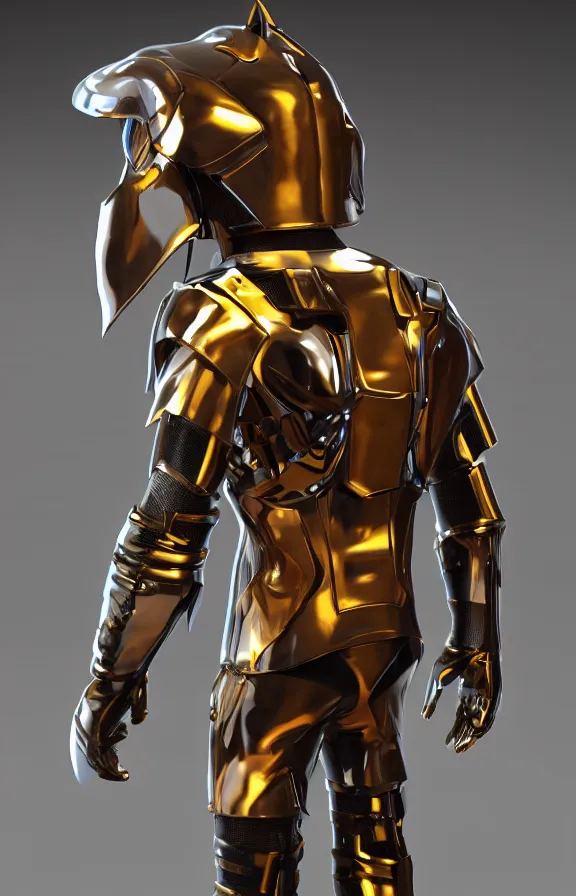 Image similar to futuristic warrior with latex suite details, with his back to the viewer, futuristic space suite, back light, full body view, 8 k, 3 d render, cinematic lighting