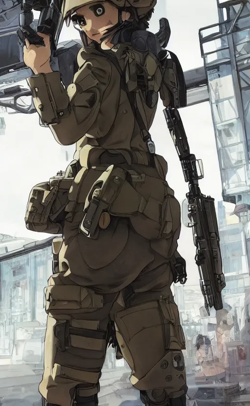Prompt: mechanized soldier girl, anime style, urban in background, soldier clothing, combat helmet, short hair, hair down, symmetrical facial features, from arknights, hyper realistic, 4 k, rule of thirds, extreme detail, detailed drawing, trending artstation, hd, exoskeleton, realistic lighting, by alphonse mucha, greg rutkowski, backlit