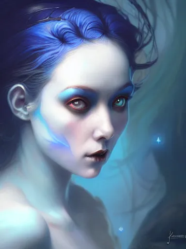 Image similar to dark sorceress with blue skin by james jean, charlie bowater, tom bagshaw, nikolay makovsky, melanie delon : : enchanting, ethereal, magical, glowing, sparkle, prismatic, portrait, character design, illustration, hyperrealism, photorealism, digital art, concept art, dark fantasy, whimsy, weta, wlop, artstation