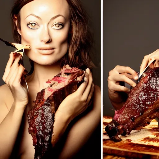 Prompt: photo portrait of Olivia Wilde eating BBQ Ribs, fine art photography light painting in style of Paolo Roversi, professional studio lighting, dark background, hyper realistic photography, fashion magazine style