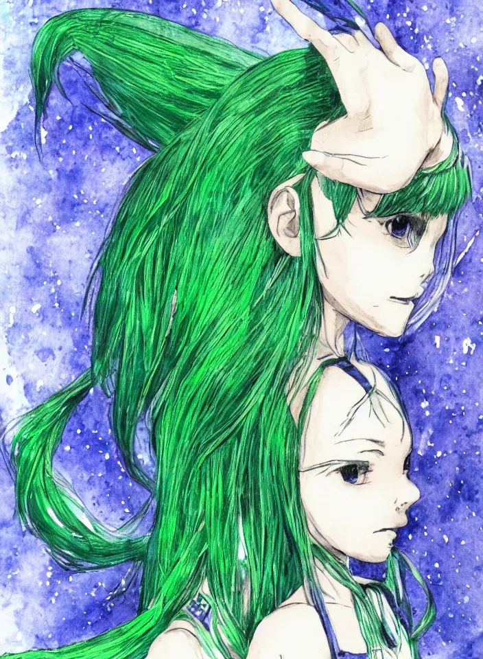 Prompt: portrait of a kid with green hair wearing futuristic clothes, hand drawn manga watercolour