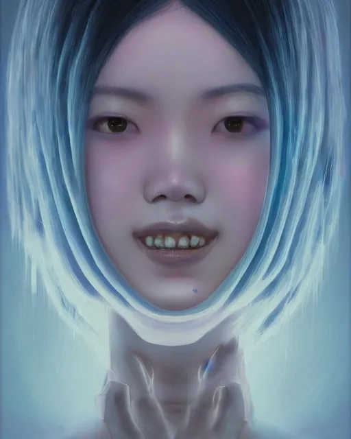 Image similar to touka a japanese woman, half body portrait, long black hair, playful smile, female beauty, symmetrical face hyperrealism, backlit, pastel color gradients, by keathe butcher and joe fenton and greg rutkowski, soft lighting, sharp details