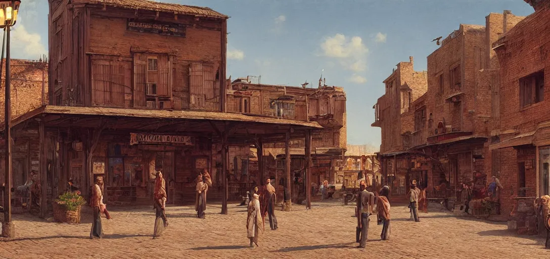 Prompt: from a movie scene, painting of a western saloon exterior in old town, roman architecture, bright lights, beksinski, gregory crewdson, cinematic wide shot