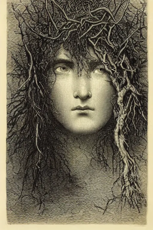 Image similar to extreme close-up covered by hair face of a woman forest background, Gustave Dore lithography