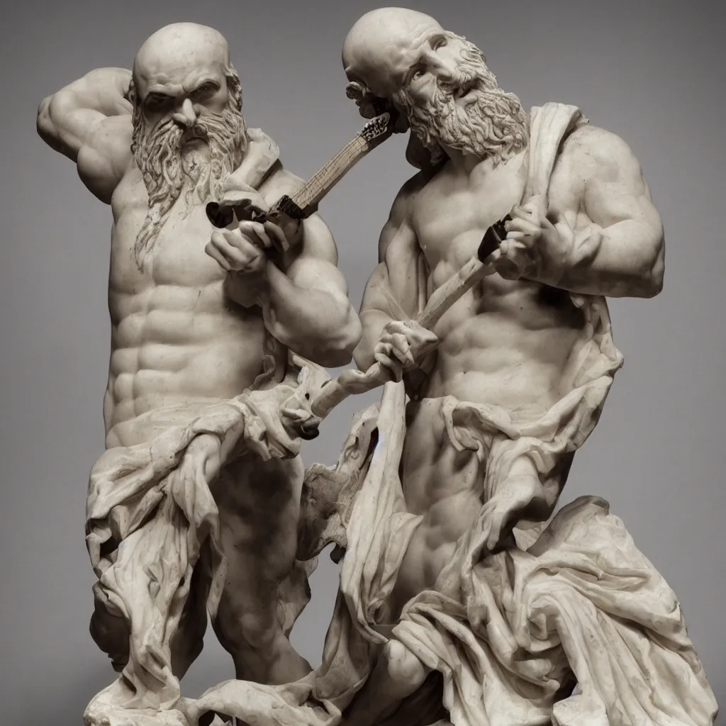 Prompt: epic greek marble statue of a bald man with a long beard playing a marble guitar, photo, chiaroscuro