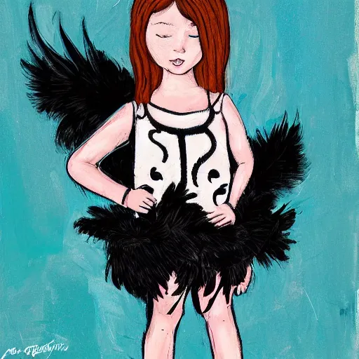 Image similar to little girl wearing an dress made of black feathers, art by ilya kushinov